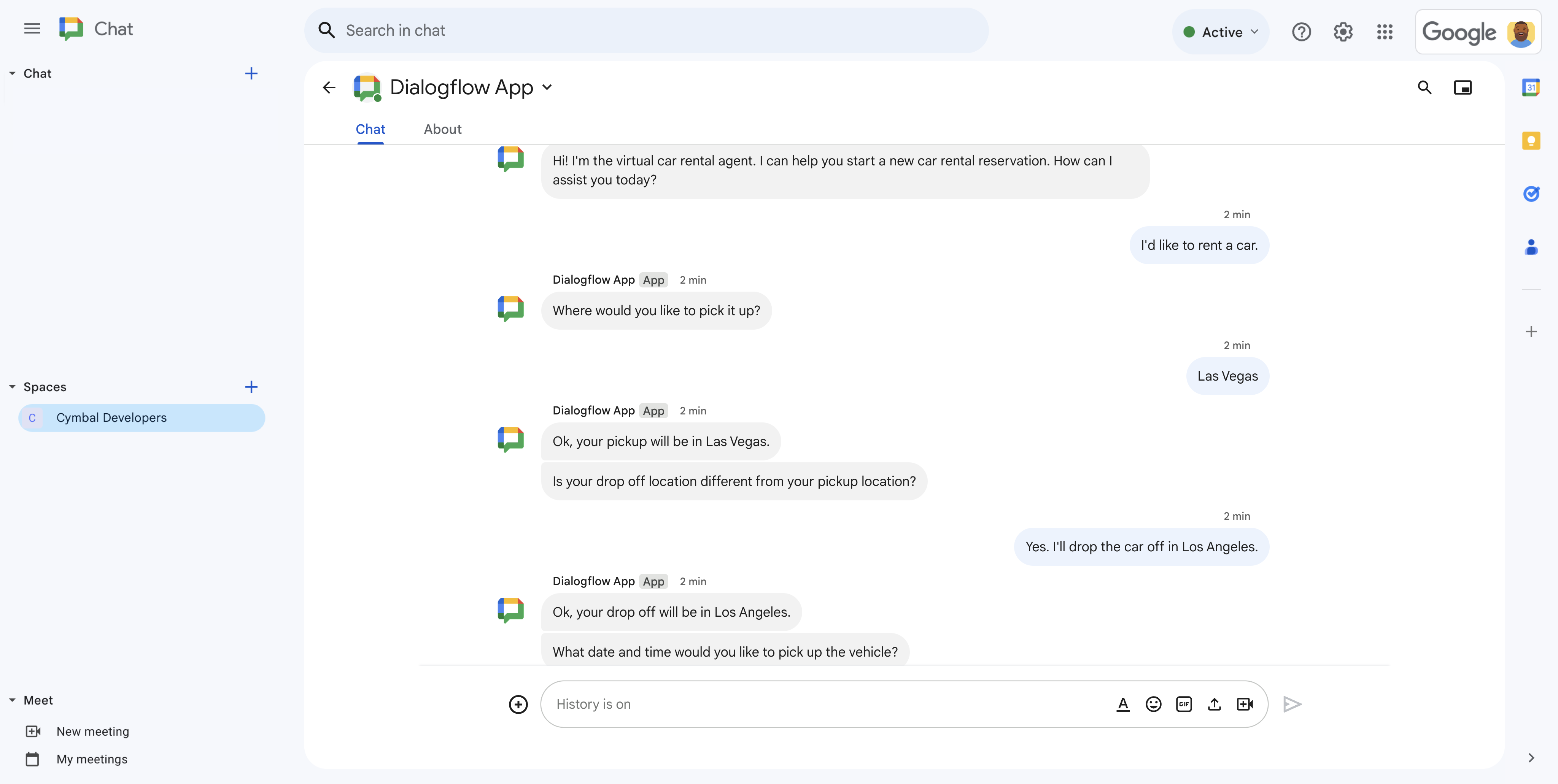 Test dell'app di chat Dialogflow CX