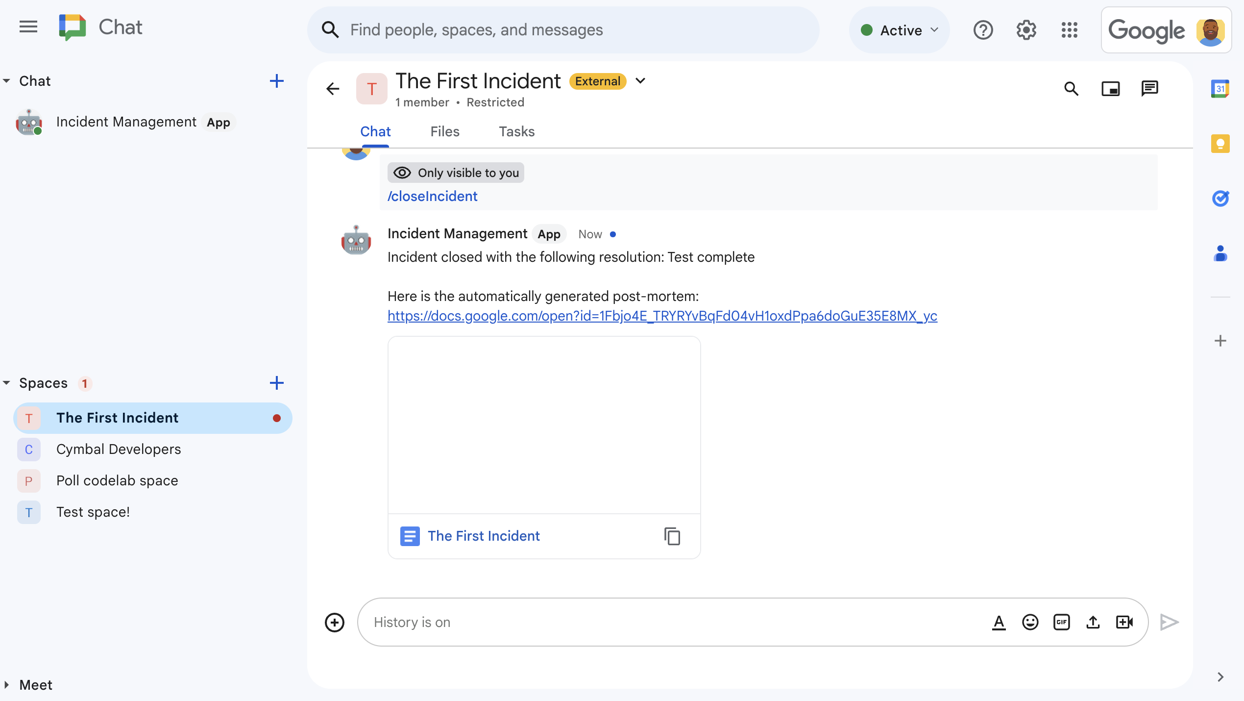 مستند Google Docs لحلّ المشكلة تمت مشاركته في المساحة.