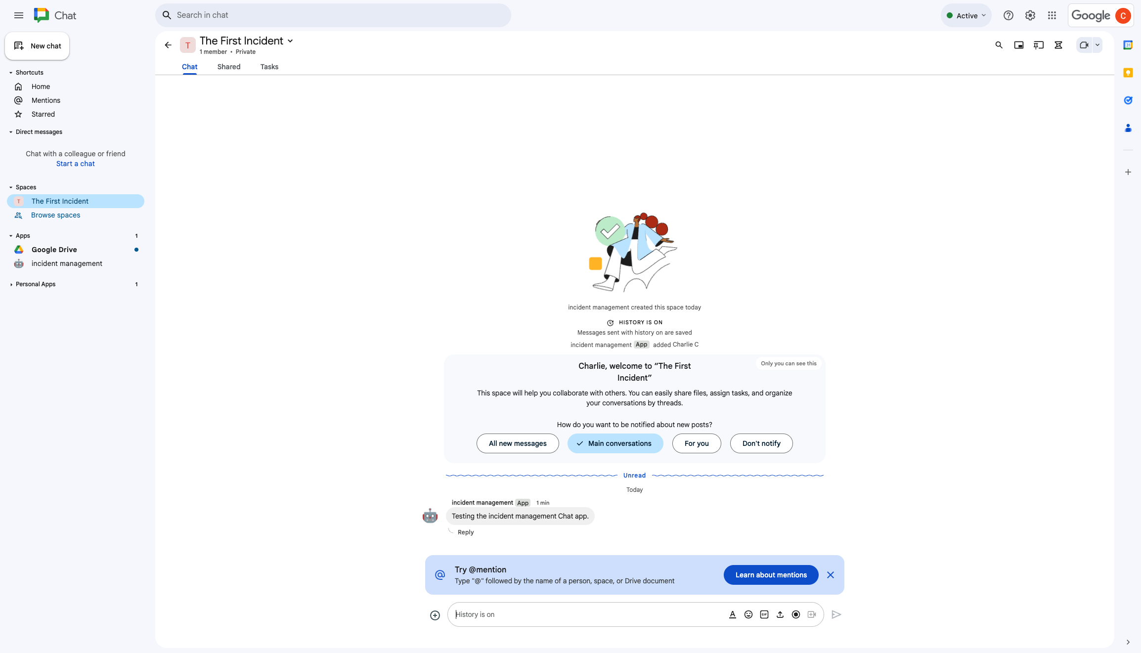 Lo spazio di Chat per la risposta agli eventi.