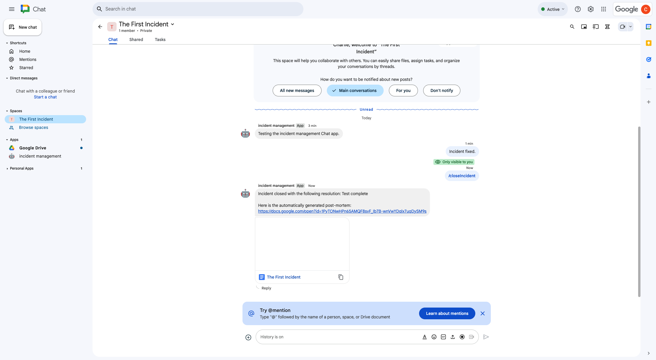 Google Docs-Dokument zur Vorfallbehebung, das im Gruppenbereich freigegeben wurde.