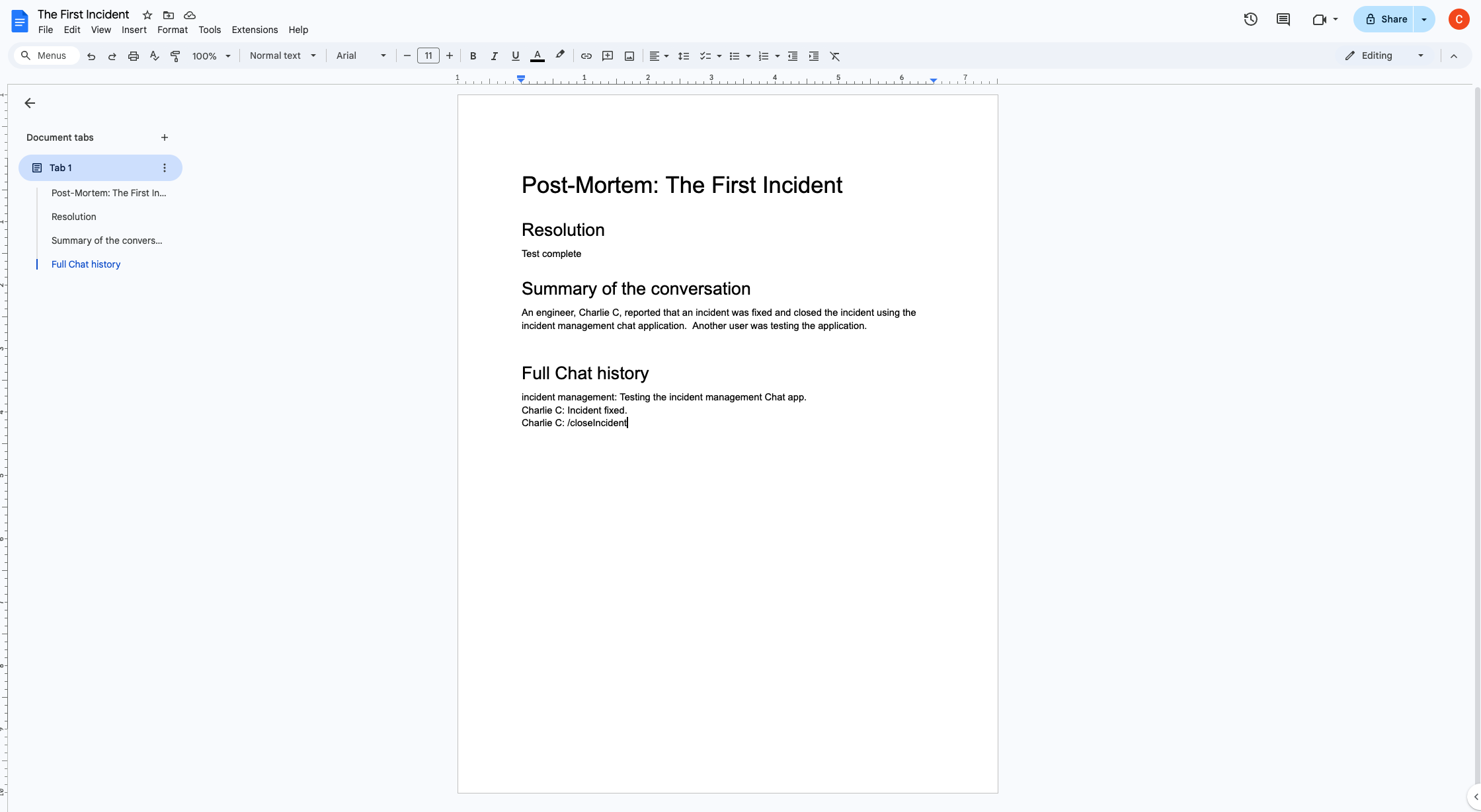 Il documento Google con la risoluzione dell&#39;incidente del riepilogo AI.