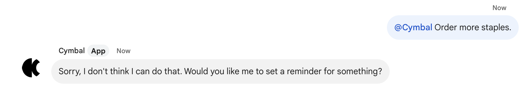 Exemple de réponse lorsqu'un utilisateur demande à l'application Chat d'effectuer une tâche pour laquelle elle n'est pas conçue.