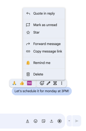 Un utilisateur découvre un menu contextuel de message contenant une action de message.