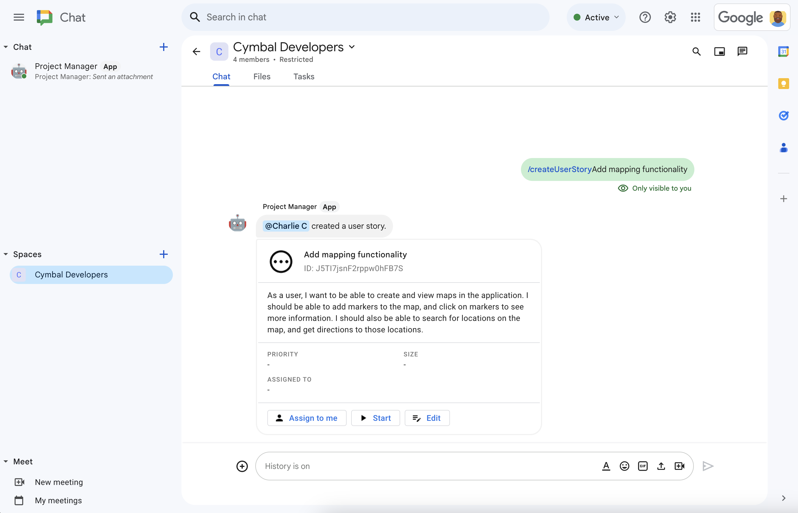 The project management Chat app uses Vertex AI to write the story description.
