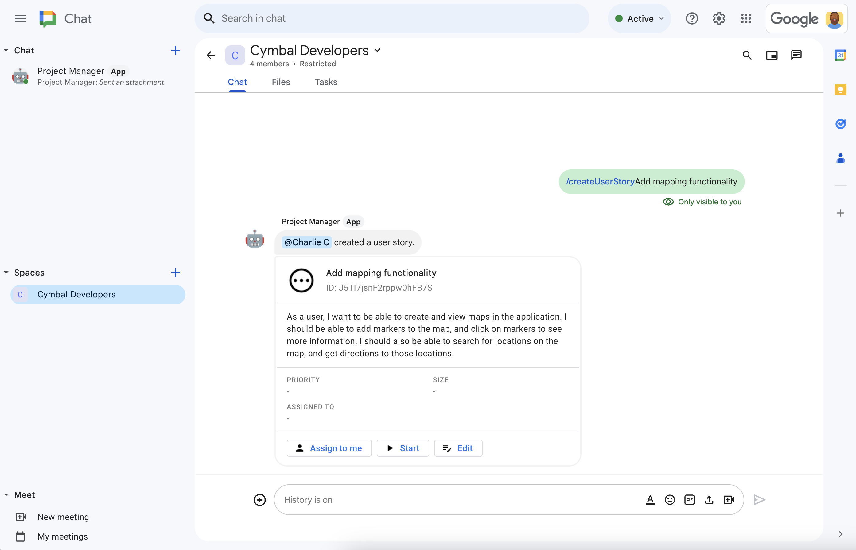 プロジェクト管理 Chat 用アプリは、Vertex AI を使用してストーリーの説明を記述します。