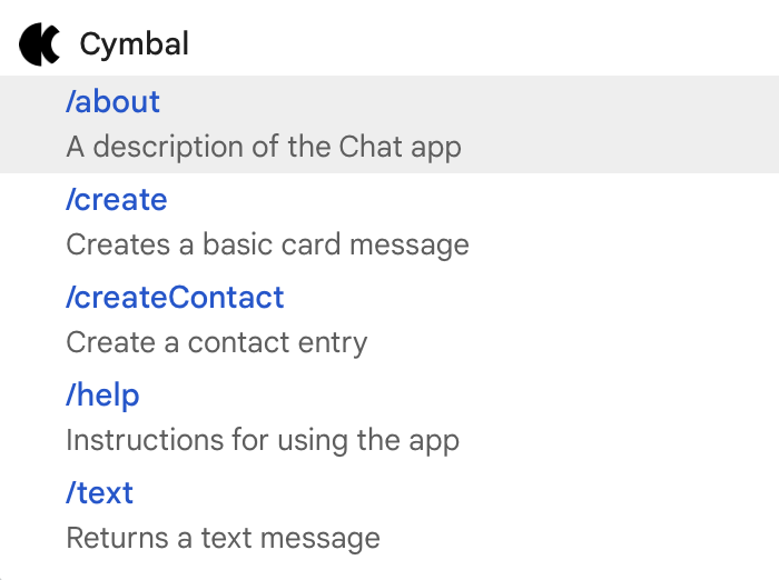 Escolha um comando para interagir com o app Chat.