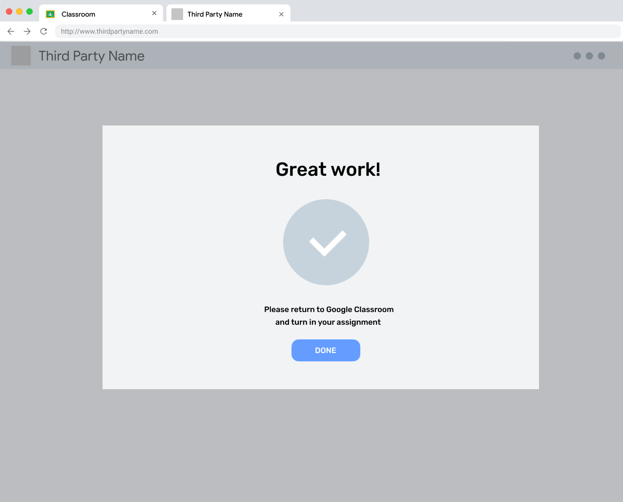 Vue d'une activité terminée demandant aux élèves de revenir dans Classroom