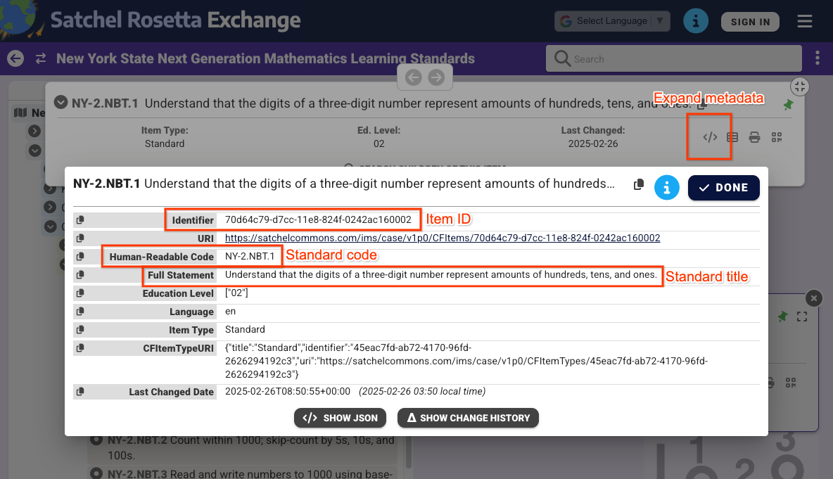 Vista de los metadatos de un nodo que no es raíz cuando se selecciona en Satchel Rosetta Exchange