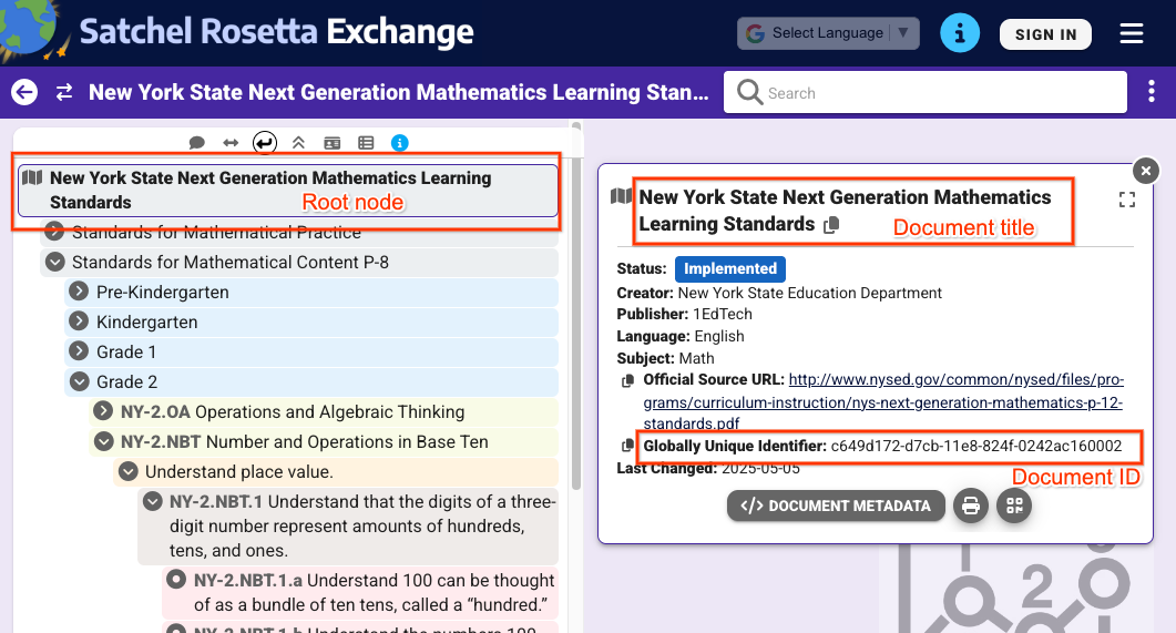 Visualização de um nó raiz quando selecionado no Satchel Rosetta Exchange