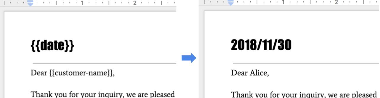 Image showing a document template with tag placeholders and the
resulting merged document.
