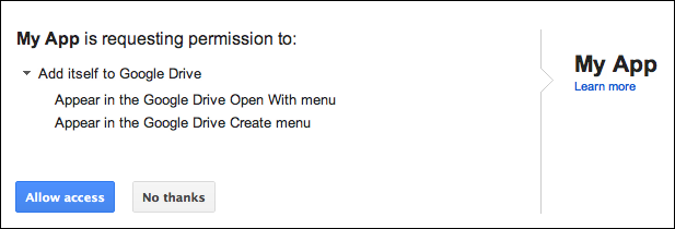 Finestra di dialogo di installazione dell'interfaccia utente di Google Drive.