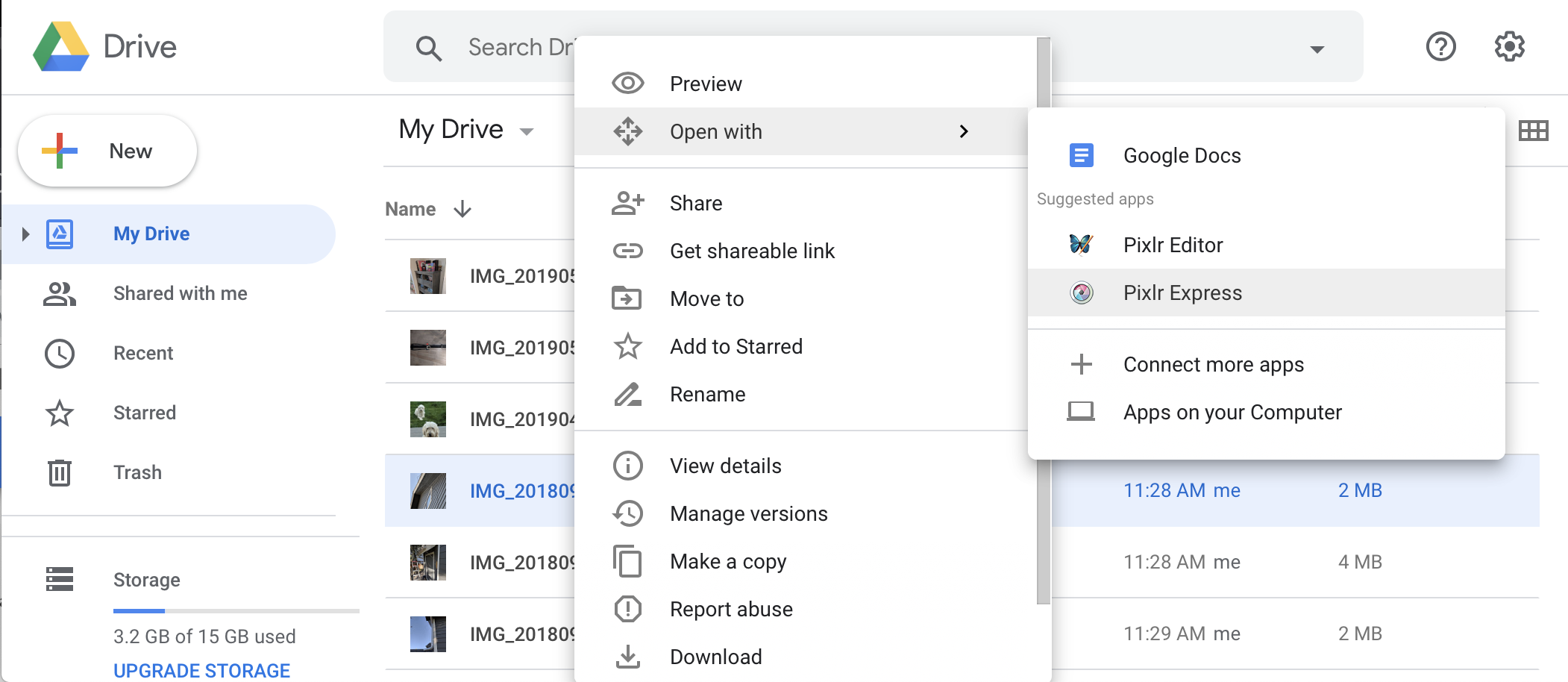 Google Drive UI의 '연결 프로그램' 메뉴 항목
