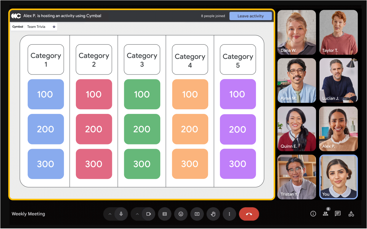 Google Meet add-ons interface with main stage and side panel.