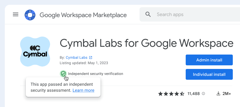 Exemplo de uma página &quot;Detalhes do app&quot; no Google Workspace Marketplace com um selo de verificação de segurança independente.