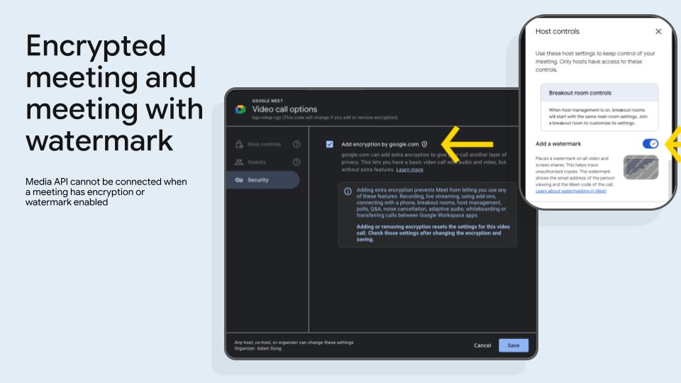 Encrypted meetings and meetings with a watermark.