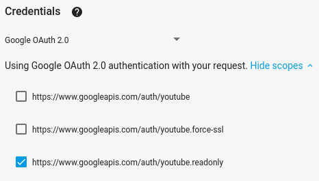 Imagem que mostra os escopos no APIs Explorer em tela cheia e a opção de usar as credenciais do "Google OAuth 2.0" selecionada.