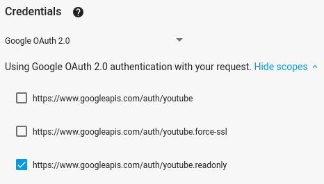 Imagen que muestra los permisos en el Explorador de API de pantalla completa y la opción de usar las credenciales de “Google OAuth 2.0” seleccionadas.
