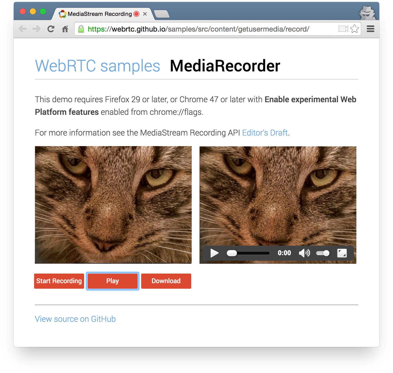 Screenshot of MediaRecorder demo on the WebRTC GitHub samples repo