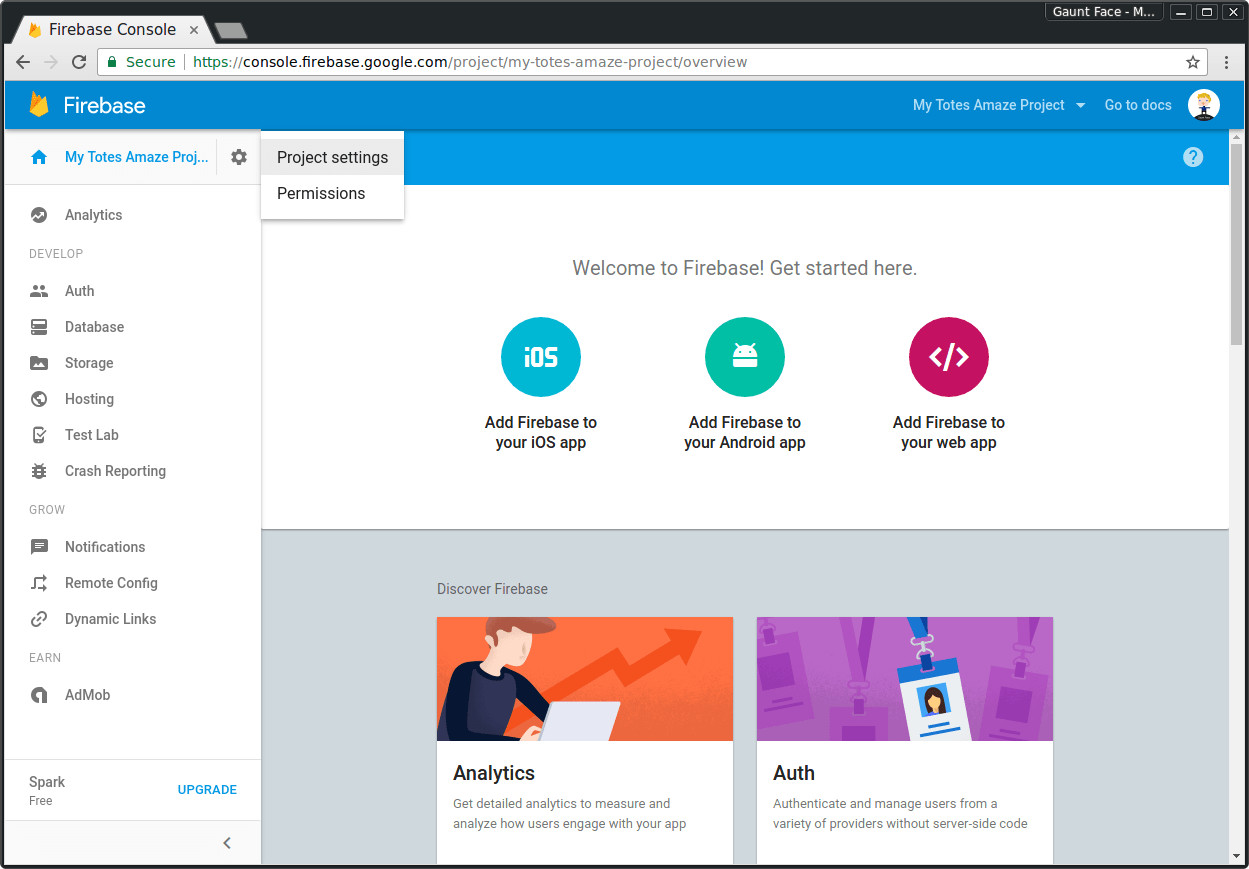 Trình đơn Cài đặt dự án Firebase