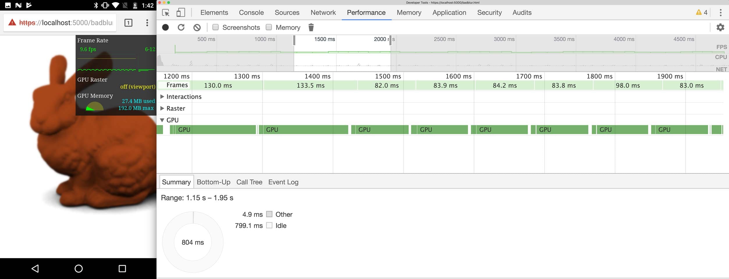 DevTools
  showing a trace where the GPU has long periods of busy time.