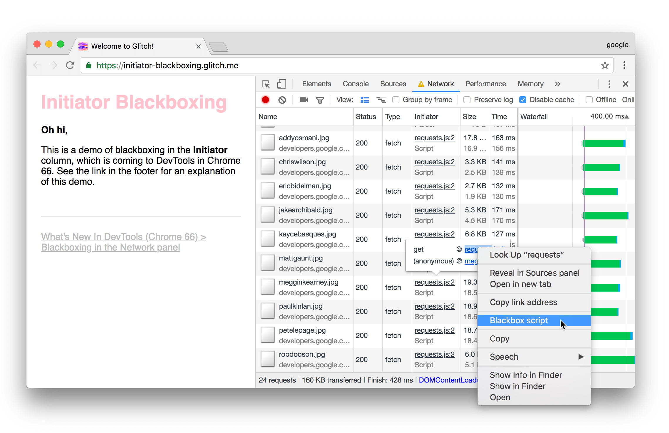 Blackboxing requests.js.