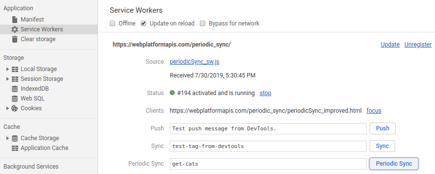 The service workers panel in DevTools
